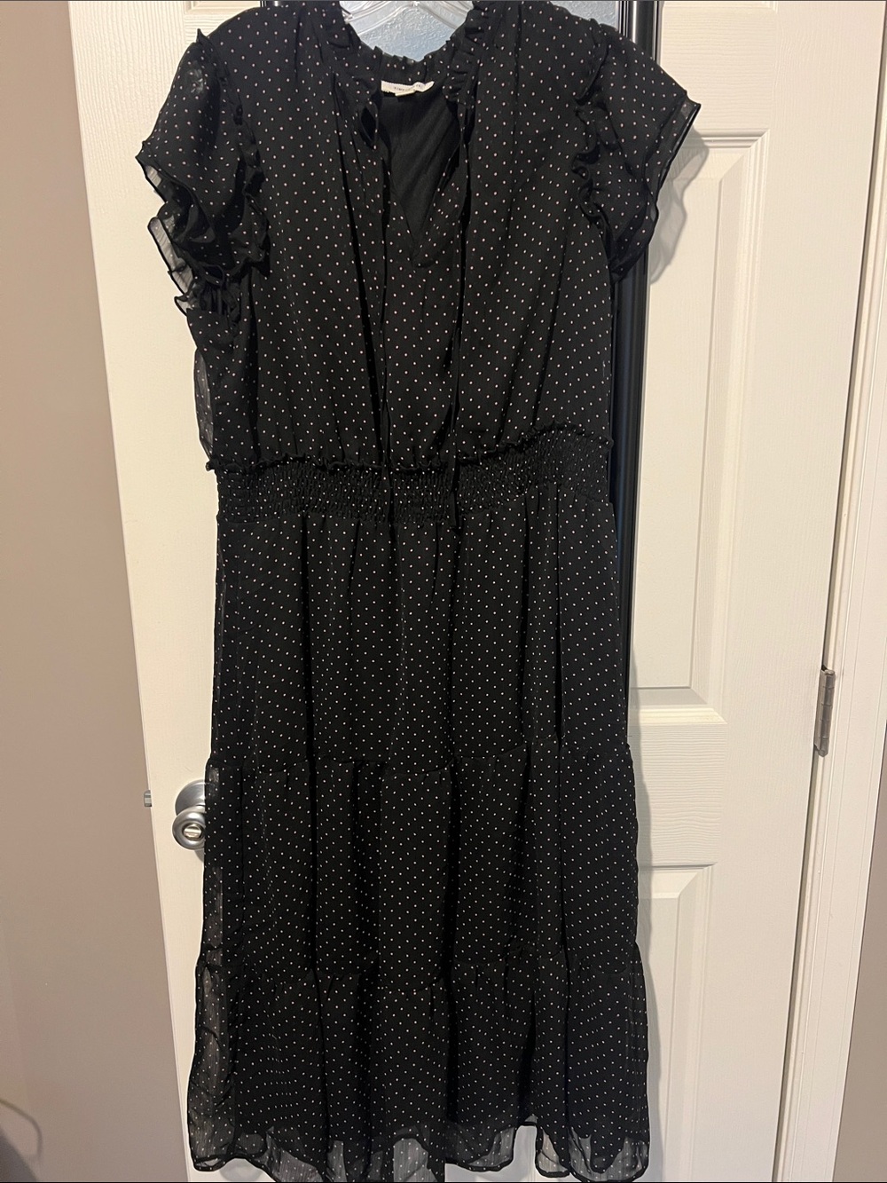 Black Polka Dot Ruffle Sleeve Midi Dress